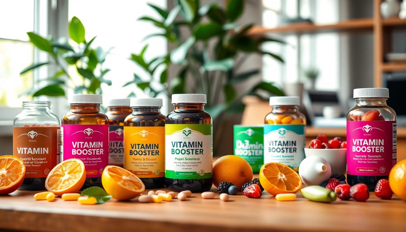 Showcasing Vitamin Boosters with fresh fruits on a wooden table.