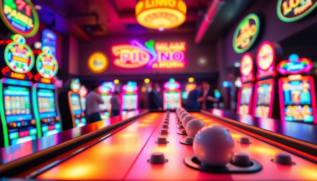 Menampilkan Plinko slot yang menarik dalam suasana kasino dengan efek cahaya neon yang cerah.