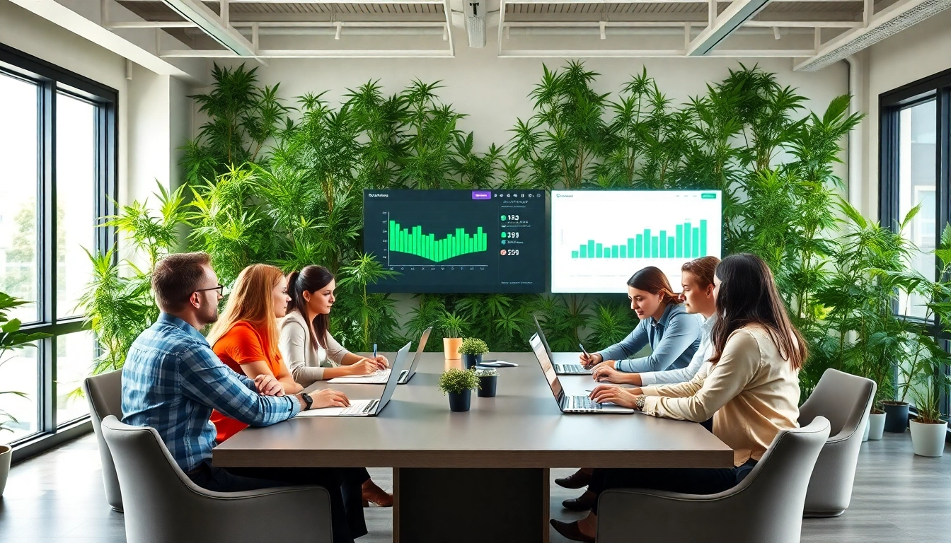 Collaborative session at a cannabis marketing agency showcasing teamwork and strategy development.
