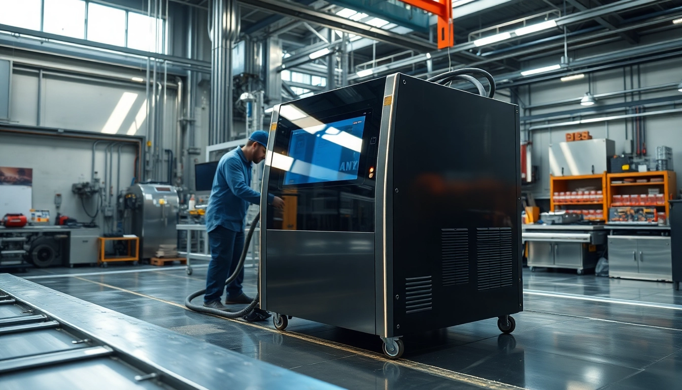 Laser cleaning machine in action, showcasing its efficiency on metal surfaces in an industrial setting.