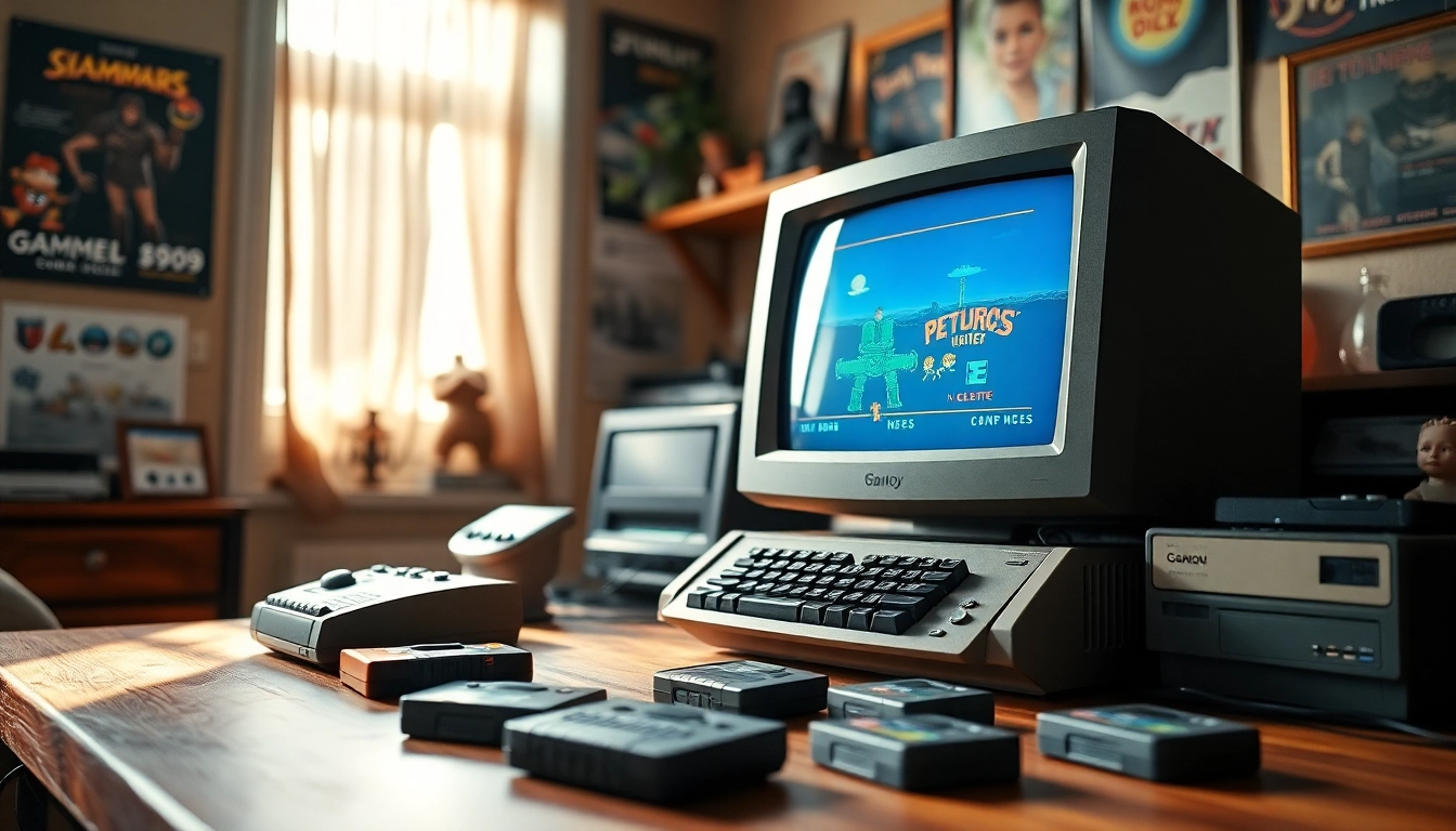 Play DOS games on a retro computer depicting nostalgic 90s memorabilia.