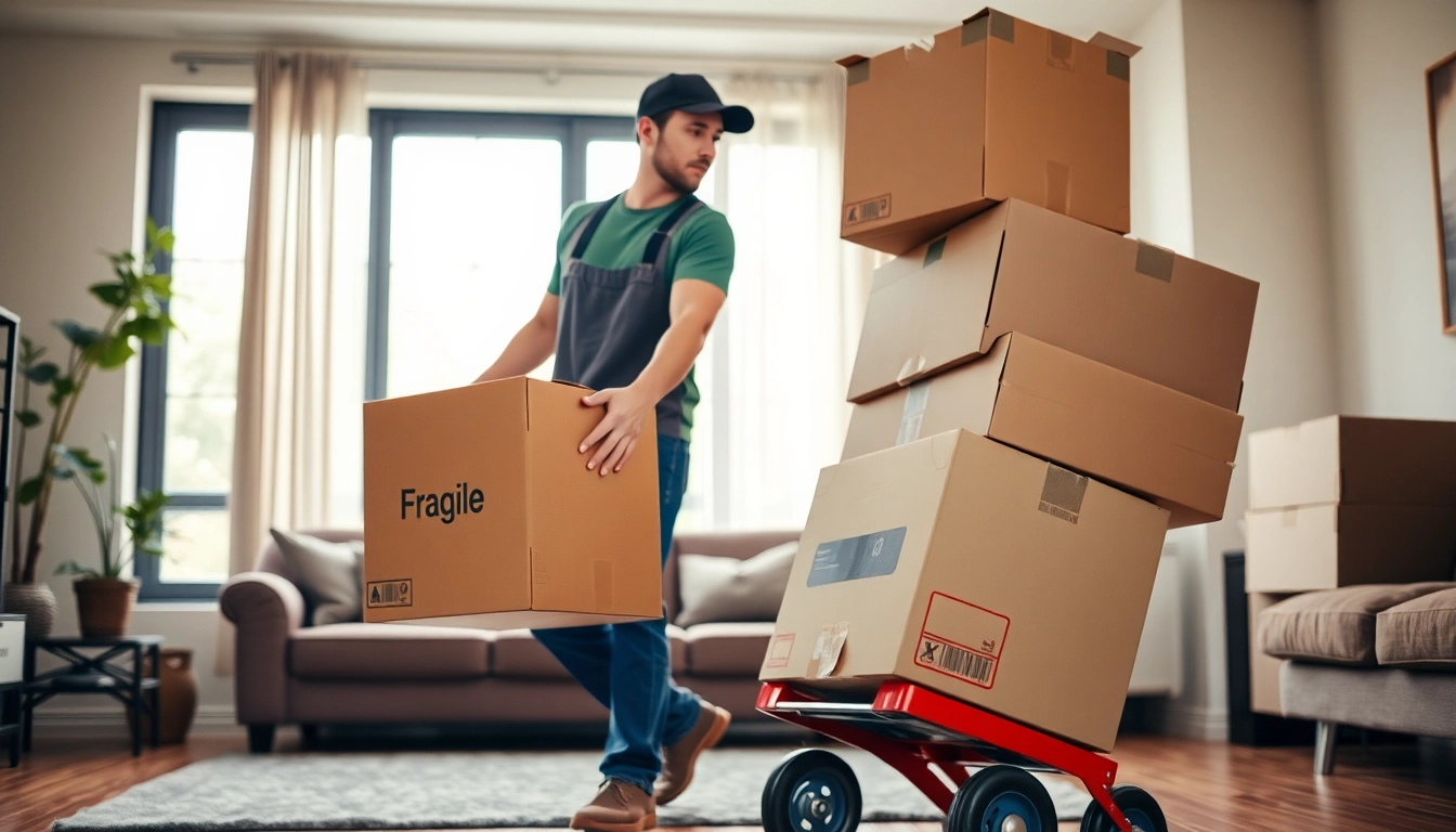 Movers at https://bennettsmoving.com/ handling boxes with care in a bright living room.