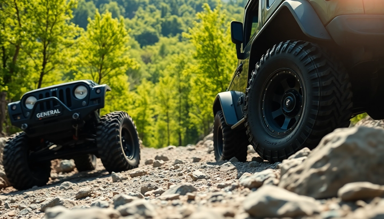 Explore rugged paths with General tires on a powerful off-road vehicle amidst a beautiful mountainous backdrop.