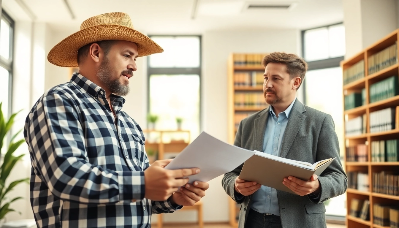 Understanding agriculture law through discussion between a farmer and attorney in a modern office.