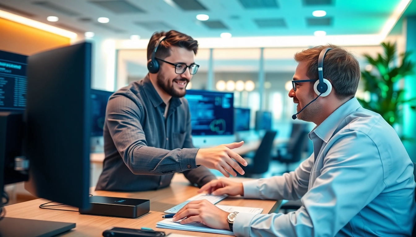 Computer IT support technician assisting a client with troubleshooting in a bright office.