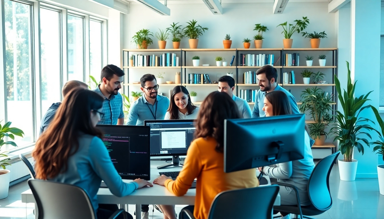 Team collaborating on web development projects in a modern office environment.