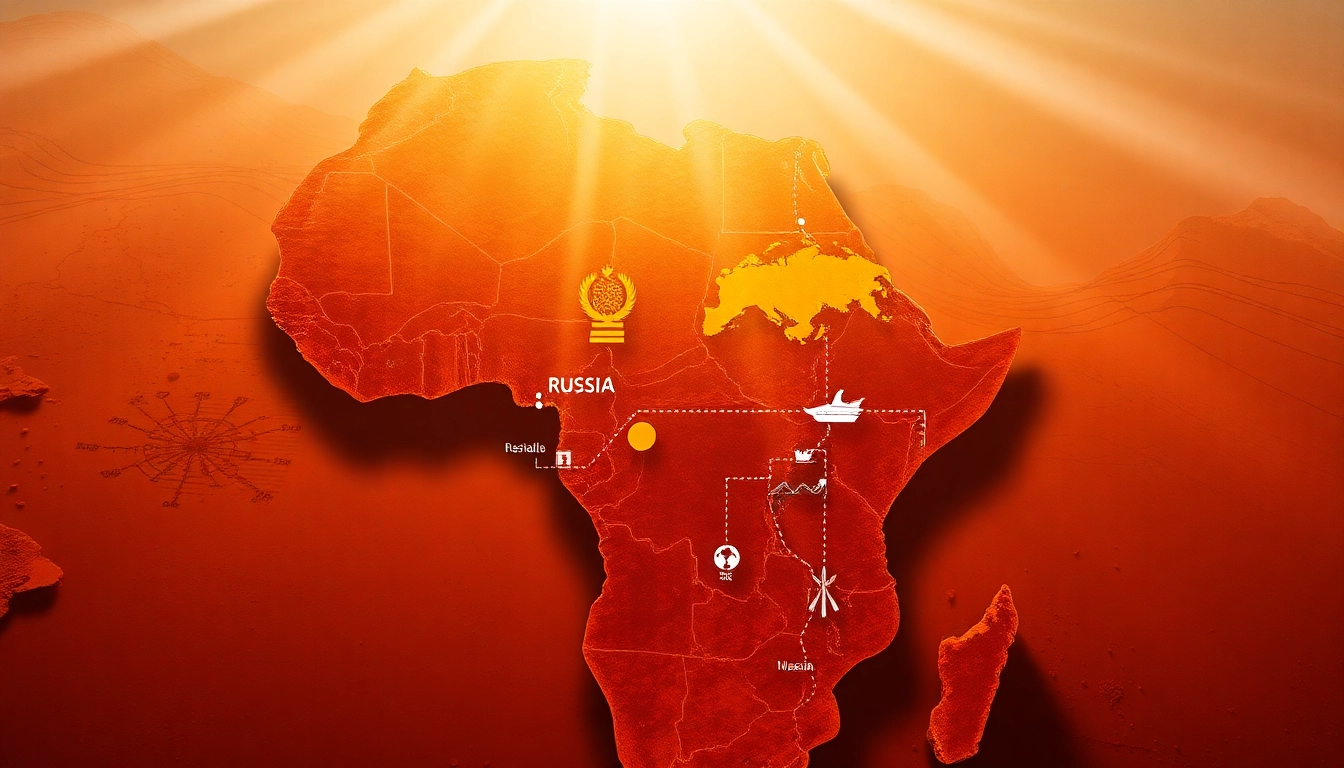 Illustrating Russian influence in Africa through highlighted infrastructure developments and cooperation projects.