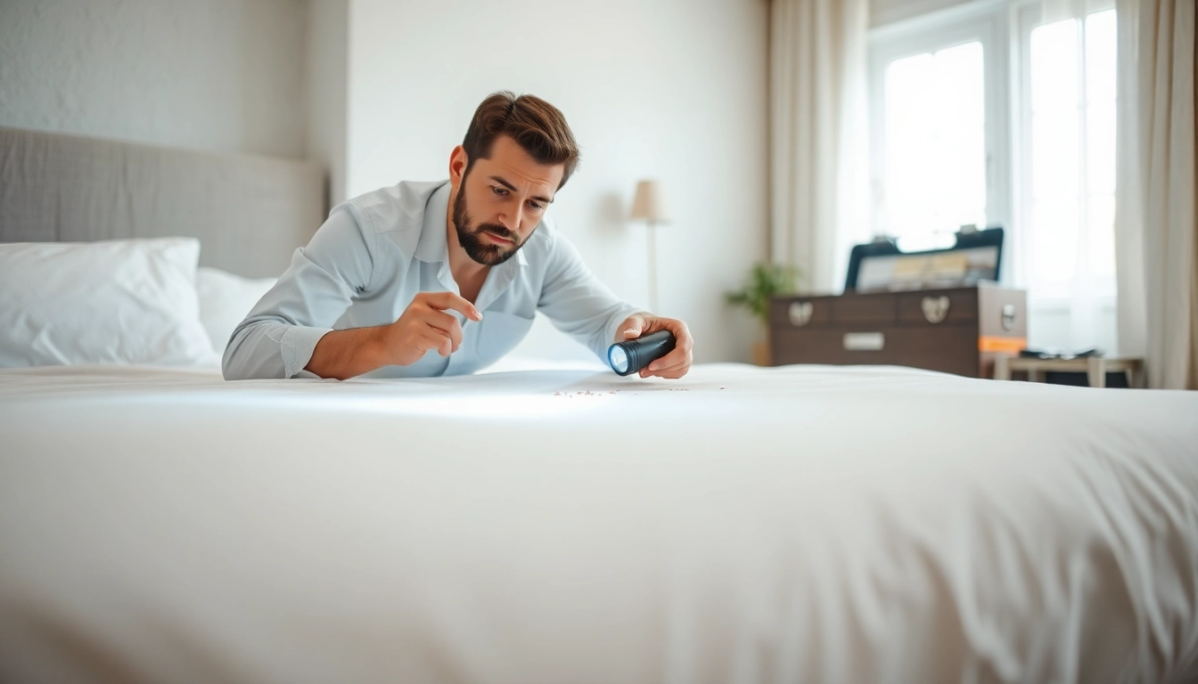 Exterminator examining mattress for effective bed bug control in a tidy bedroom.
