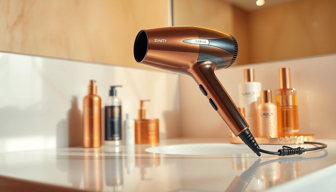 Enhance your styling routine with a premium Styler hair dryer featured on an elegant bathroom counter.