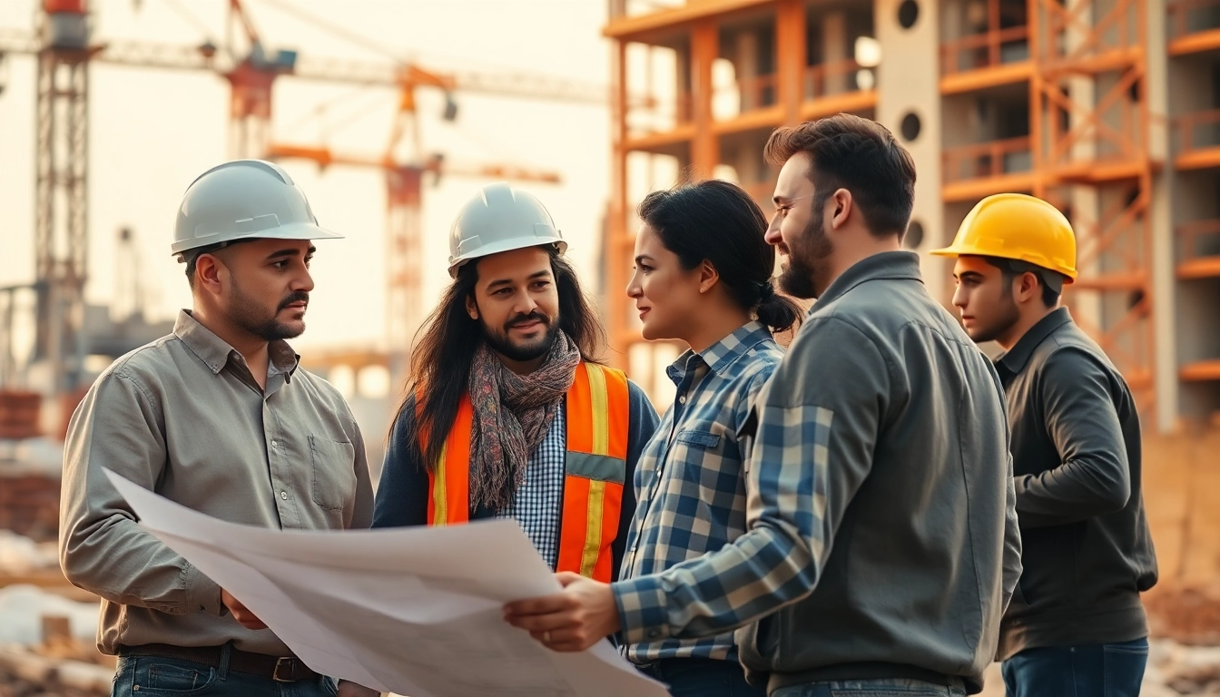 Collaborative team at a construction association denver site discussing blueprints in a busy urban environment.