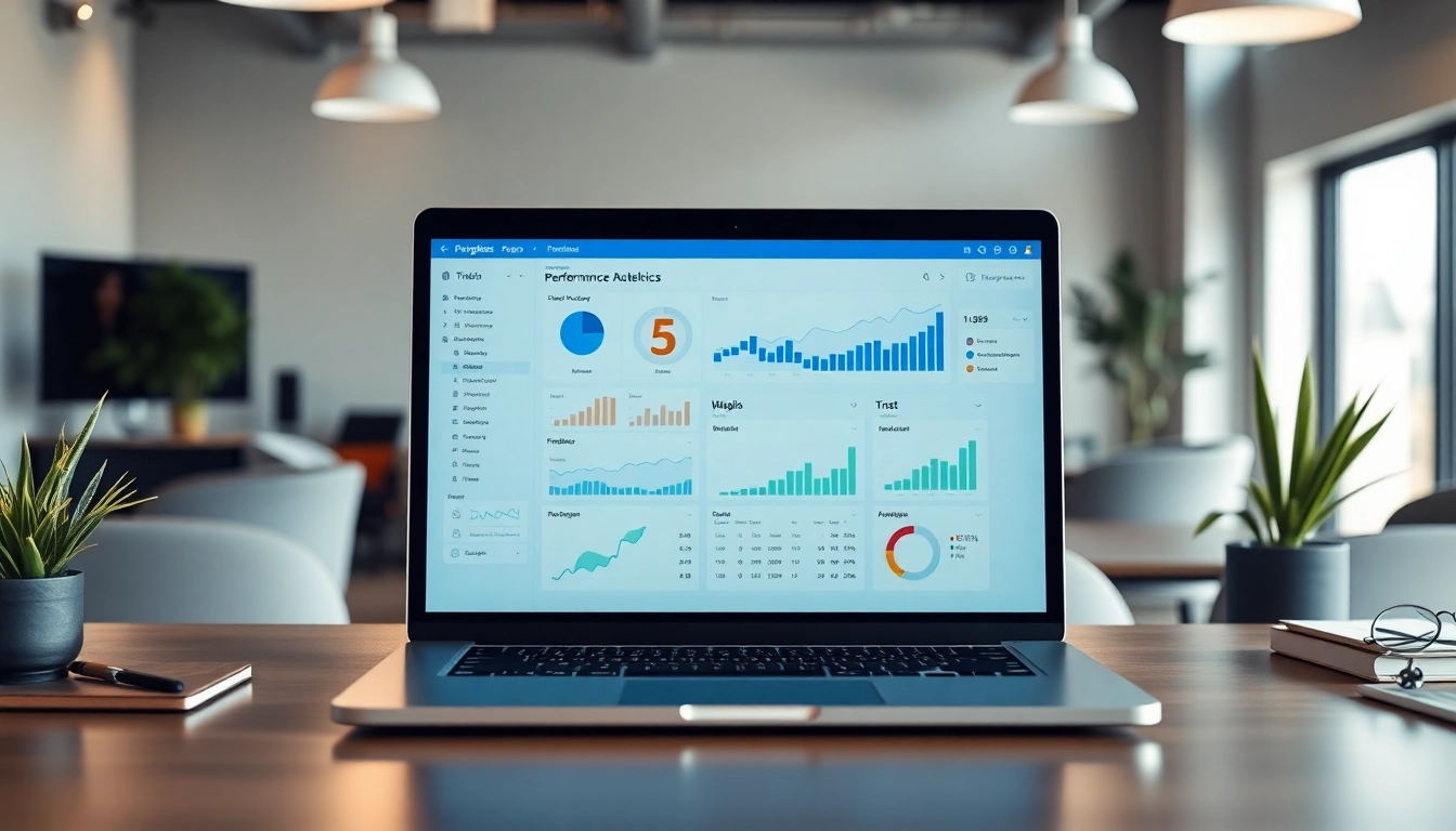 View of an smm reseller panel on a laptop, highlighting analytics in a modern office setting.