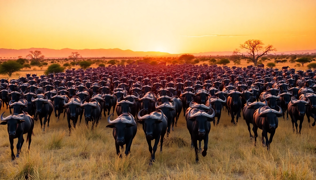 Witness the stunning Serengeti Wildebeest Migration Safari as herds traverse the plains at sunset.