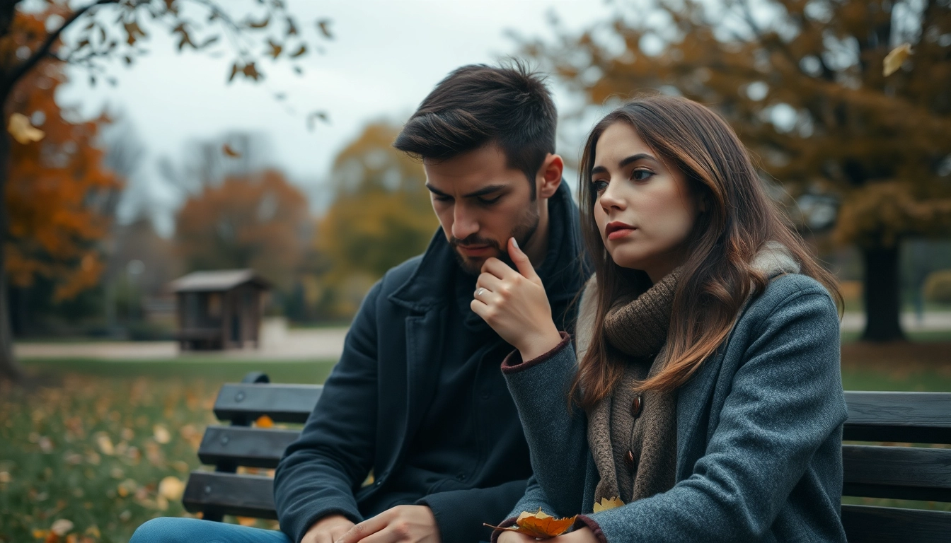 Couple reflecting on their relationship breakup in a moody park setting.