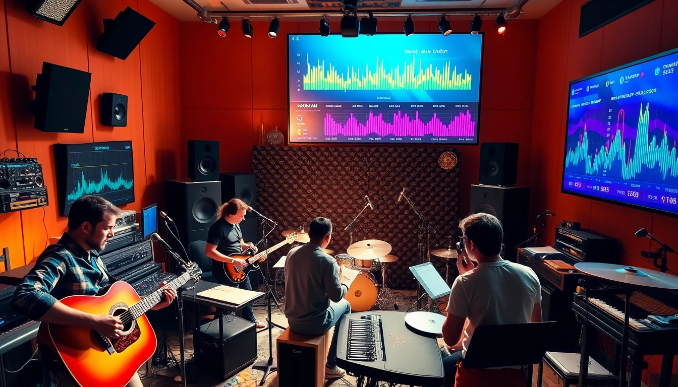 Artists collaborating in vibrant recording studio showcasing music promotion services.