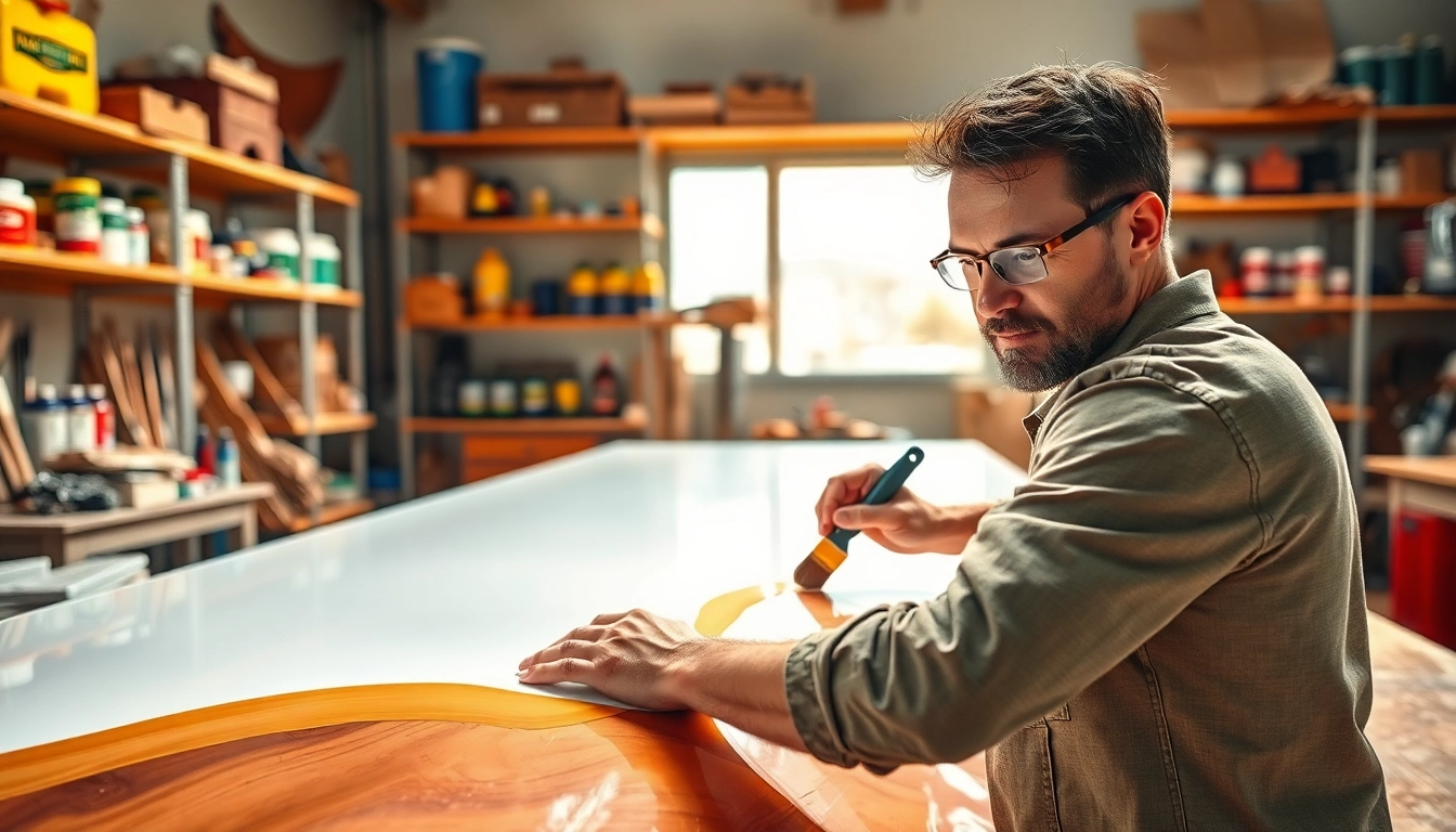 Applying laminating resin on fiberglass in a vibrant workshop