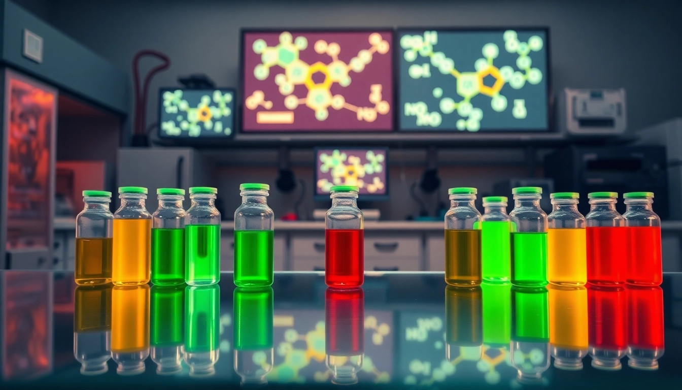 Visual representation of synthetic cannabinoids displayed in a scientific laboratory, emphasizing vibrant colors.
