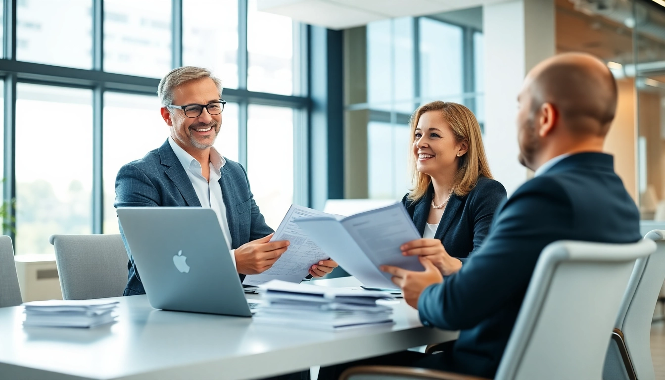 Tax preparer assisting a client with financial documents in a bright office setting.