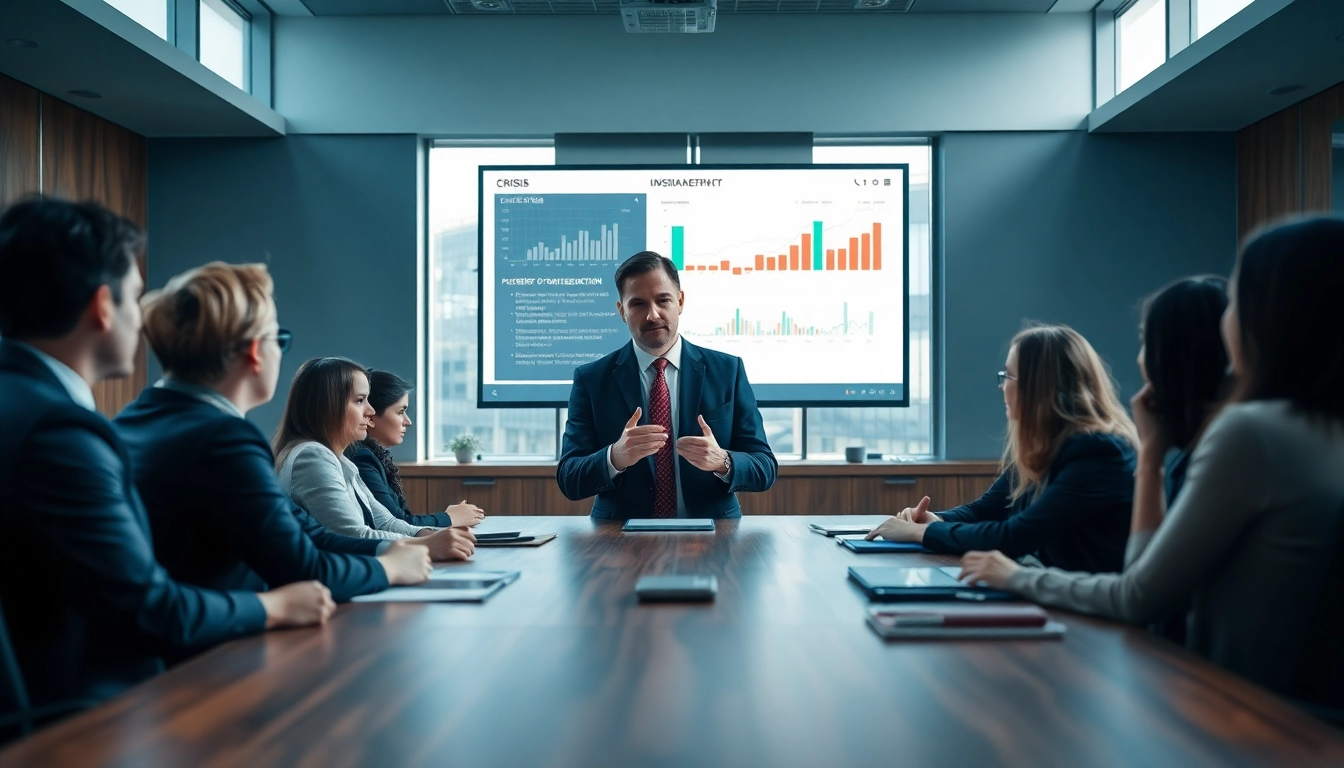 Engaging scene of a crisis management consultant leading a team discussion in a corporate setting.