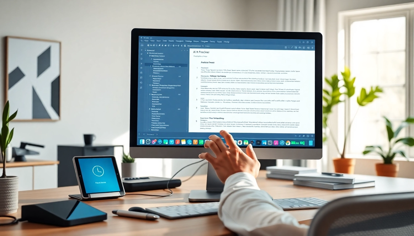 Analyze AI-generated content using the ai checker tool on a computer in a bright office.