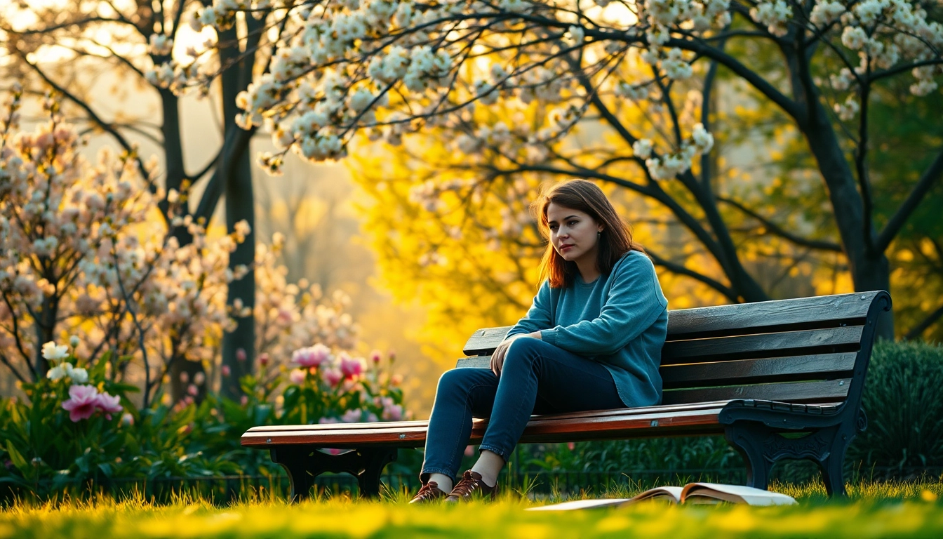 Person reflecting on relationship breakup while seated on a park bench surrounded by nature.