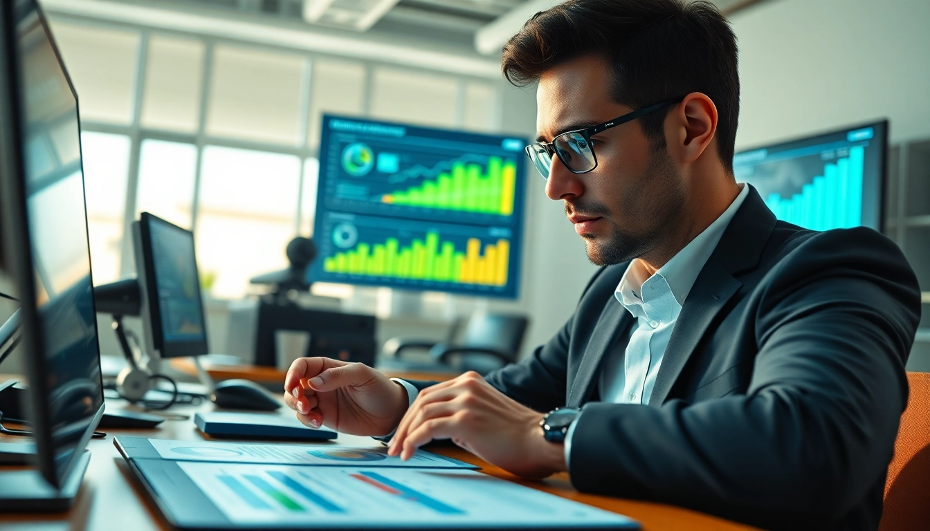 Analyzing competitive intelligence data in a modern workspace with charts and high-tech tools.