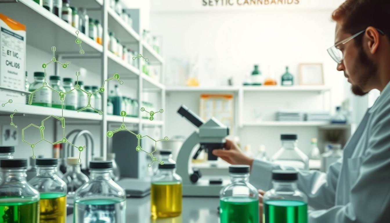 Synthetic Cannabinoids chemical analysis in a modern laboratory setting with researchers.