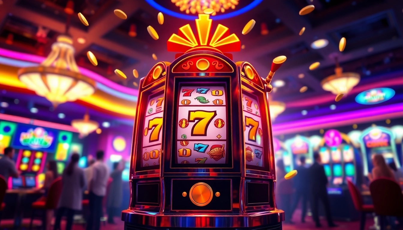 Permainan slot menampilkan mesin slot berkilau dengan simbol warna-warni yang mengundang, di tengah suasana kasino.