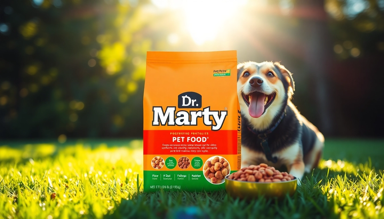 Showcasing dr marty pet food canada packaging in a vibrant outdoor setting alongside a happy dog.