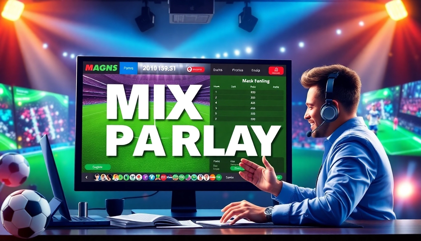 Engage in mix parlay betting with vibrant digital graphics and interactive sports betting elements.