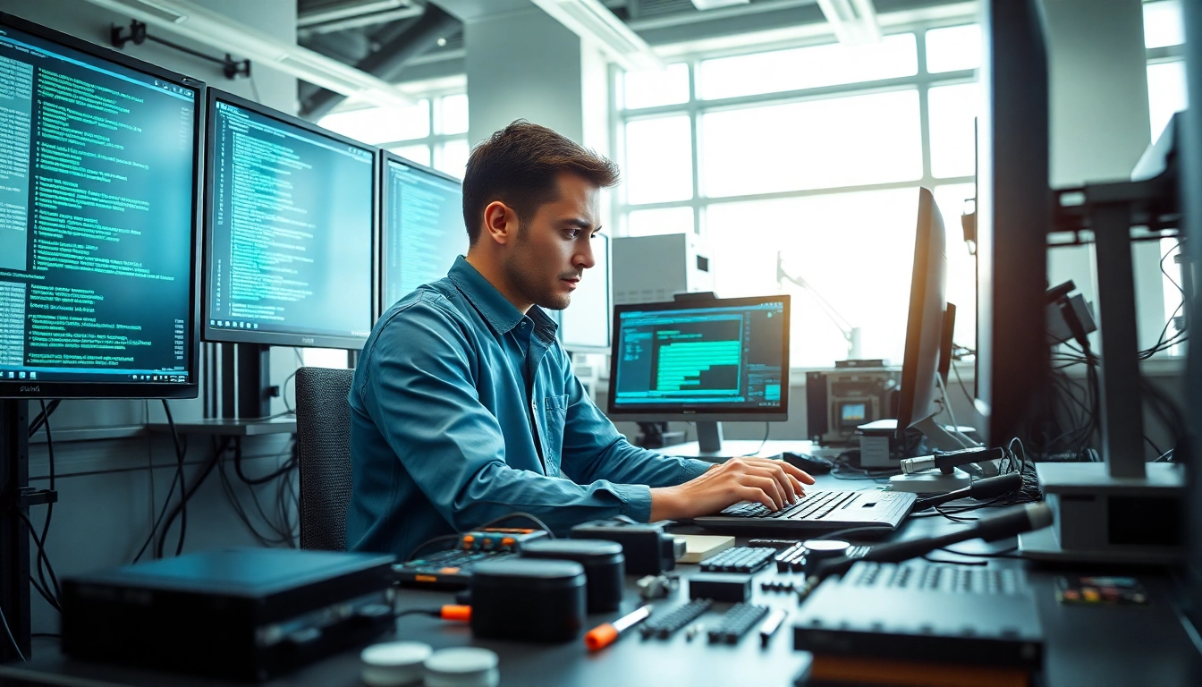 Engineer optimizing dma firmware settings on a computer in a high-tech lab.