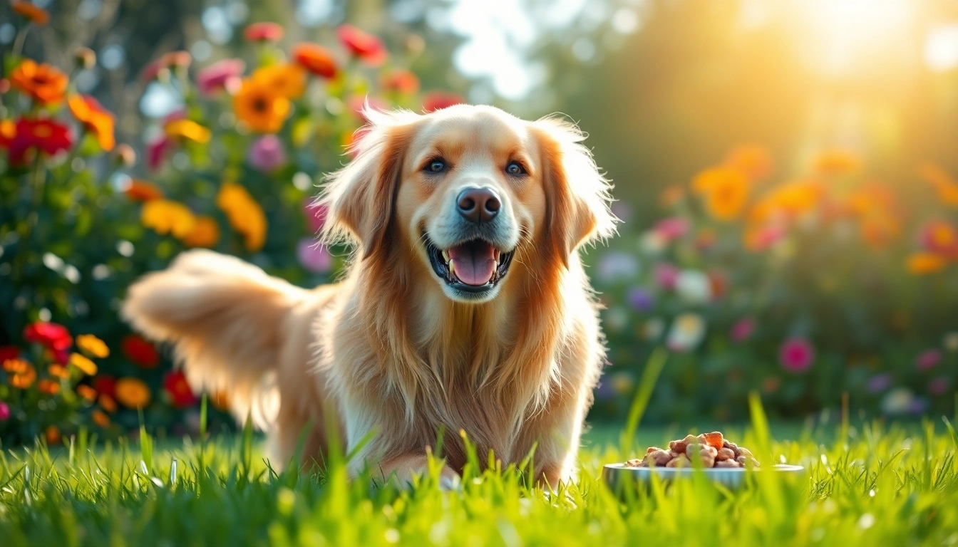 Active golden retriever enjoying a sunny day with badlands ranch dog food canada nearby, embodying health and happiness.