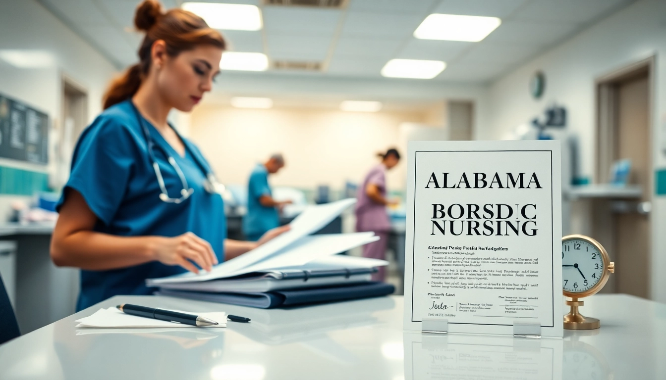 Alabama Board of Nursing documentation on a hospital desk reflecting nursing professionalism.