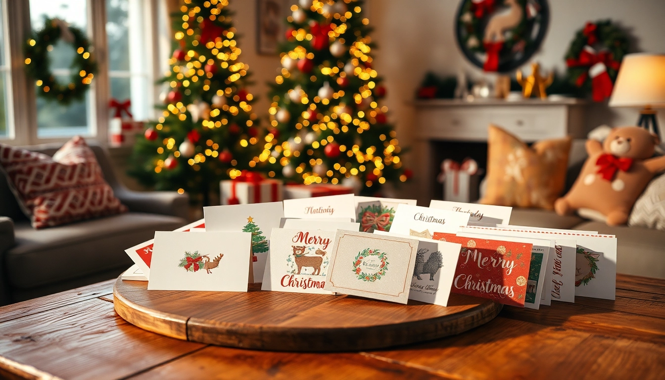 Display of same day Christmas cards elegantly arranged on a table in a festive living room.