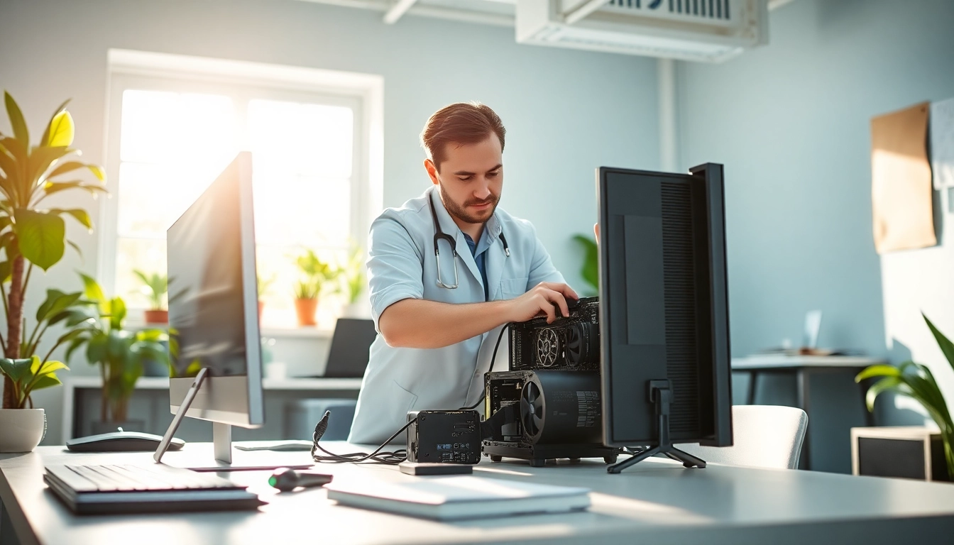 Provide expert computer services with professional technician working diligently in a tech-savvy workspace.