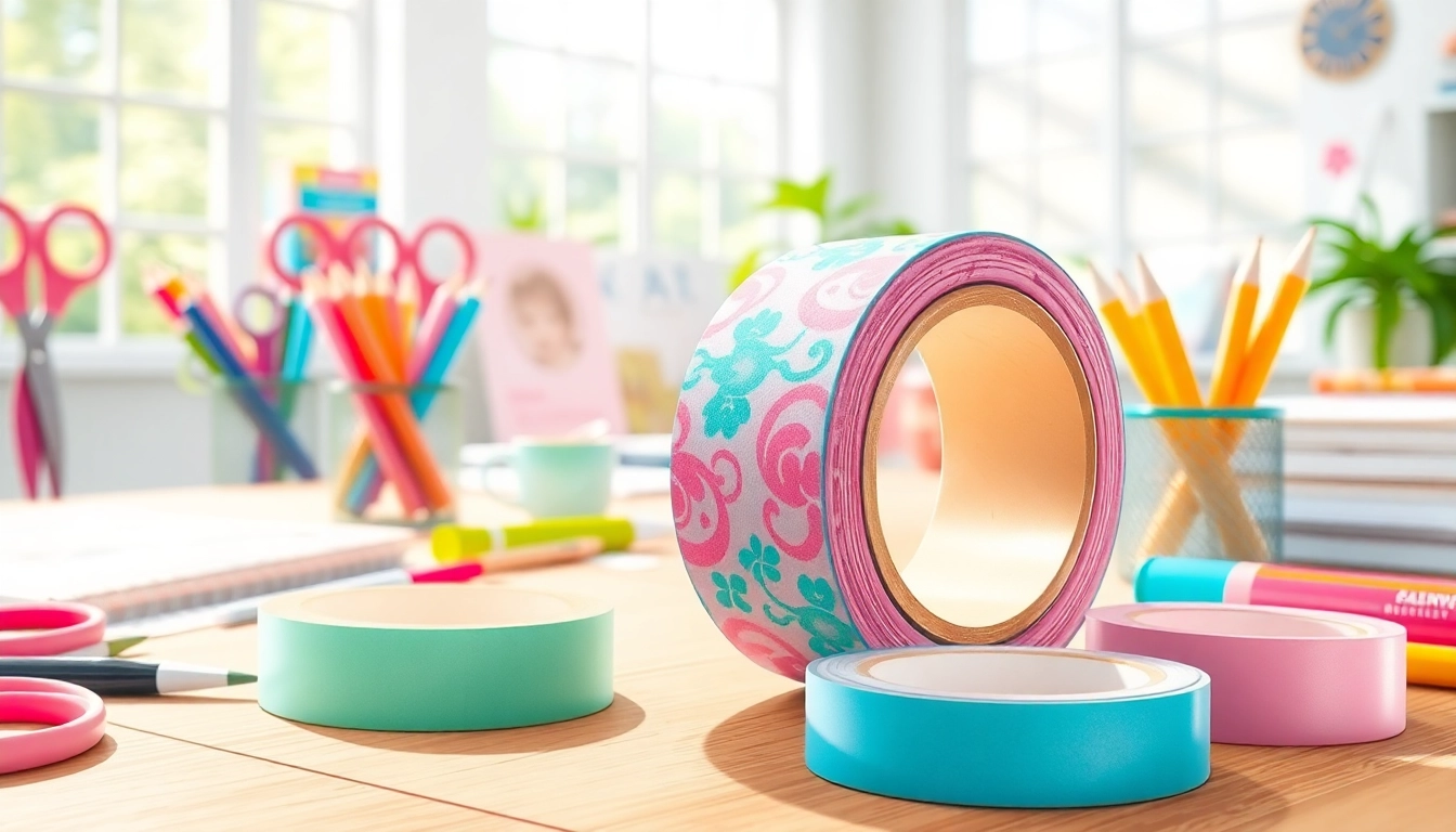 Custom washi tape roll displayed with colorful art supplies, showcasing vibrant designs and creative potential.
