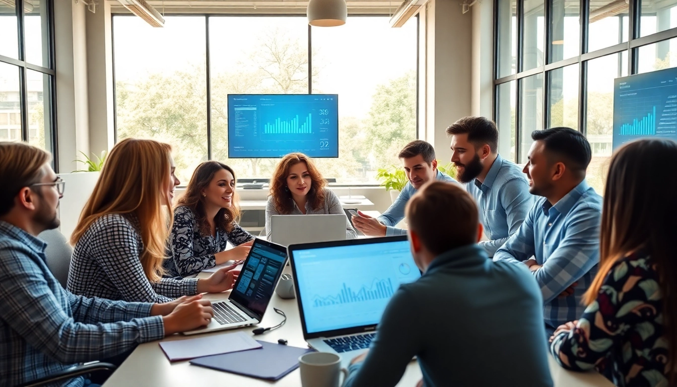 Collaborative team discussing strategies with an AI content marketing platform in a modern office.