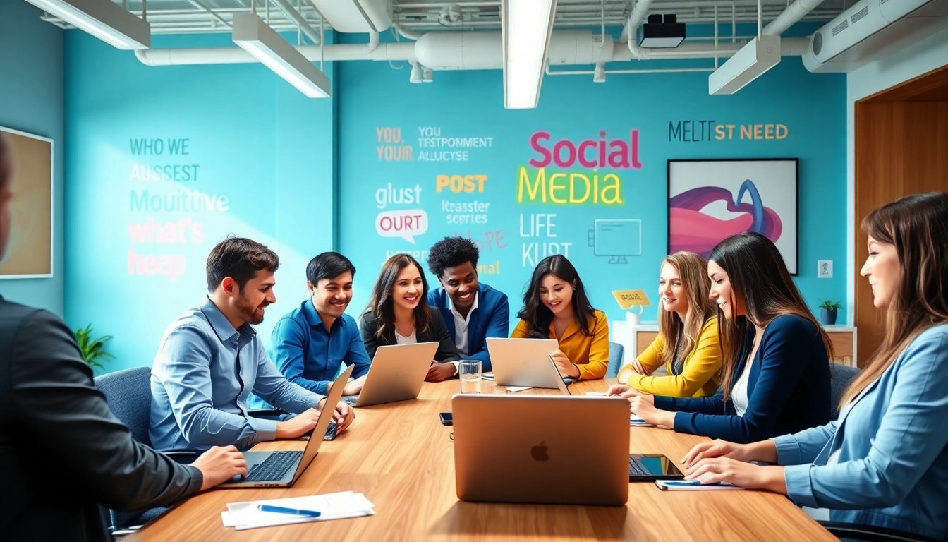 Social media management uitbesteden door een professioneel team in een moderne kantooromgeving.