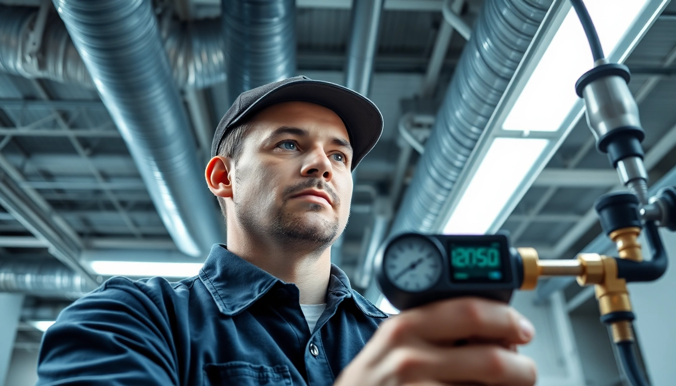 Assessing havc duct leakage through measurement, showcasing a technician's precision.
