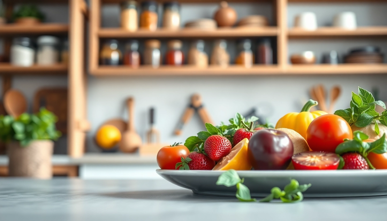 Fasten durch einen gesunden Teller mit frischem Obst und Gemüse arrangiert.