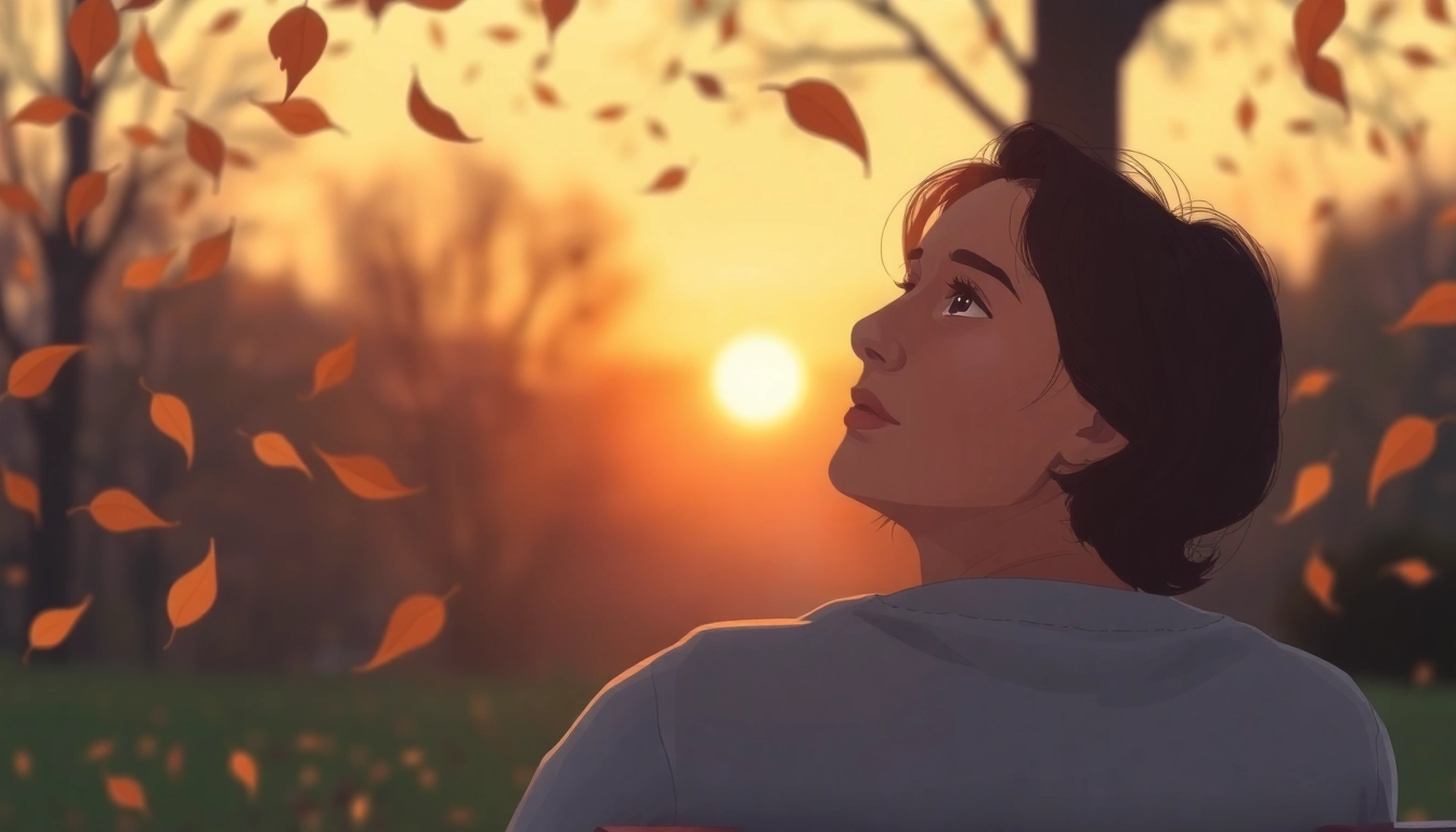 Person reflecting on a relationship breakup while sitting on a park bench, surrounded by falling leaves.