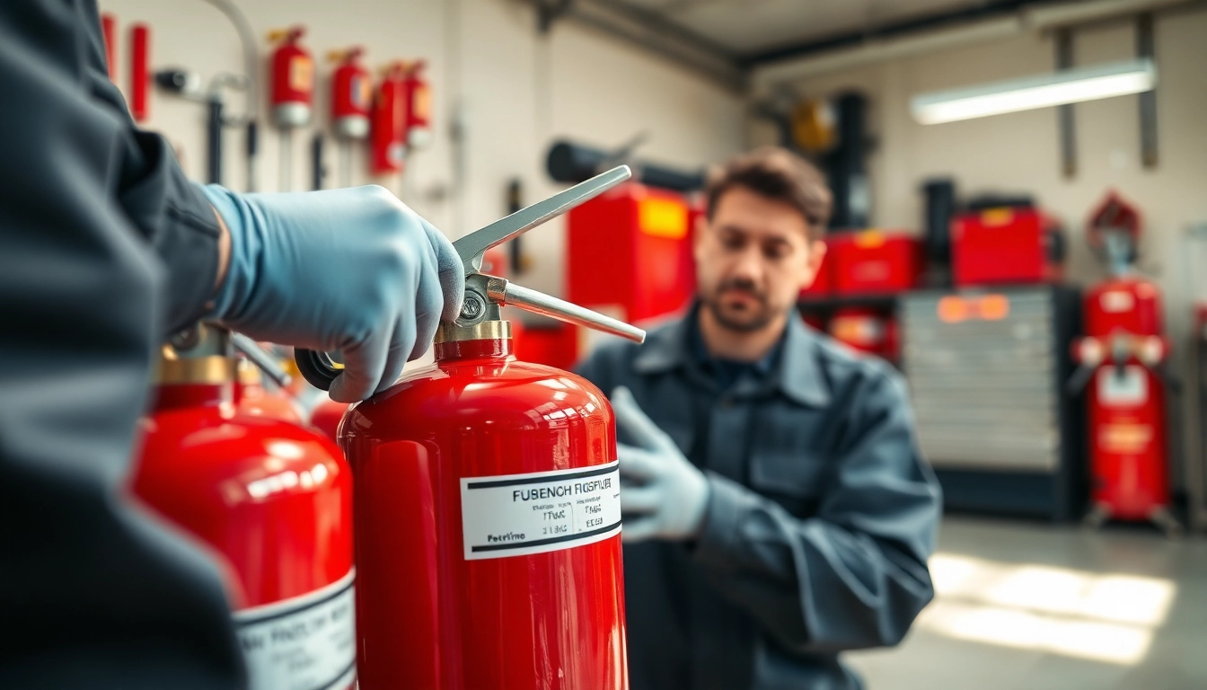 Technician conducting fire extinguisher servicing Birmingham, ensuring safety compliance and quality inspection.
