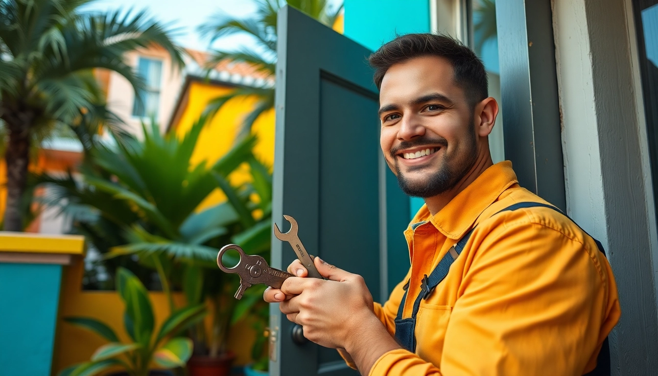 Locksmith Miami technician service on home door amidst vibrant Miami landscape