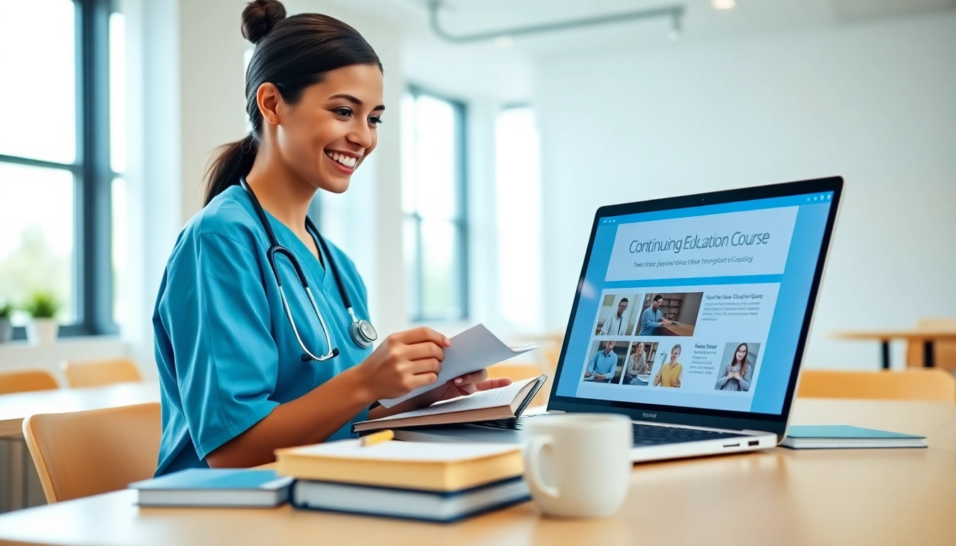 Nurse engaged in rn ceus learning with a laptop and educational materials in a warm classroom.