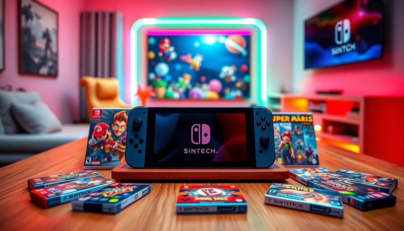 Showcase Nintendo Switch games arranged stylishly on a gaming table with vibrant ambiance.