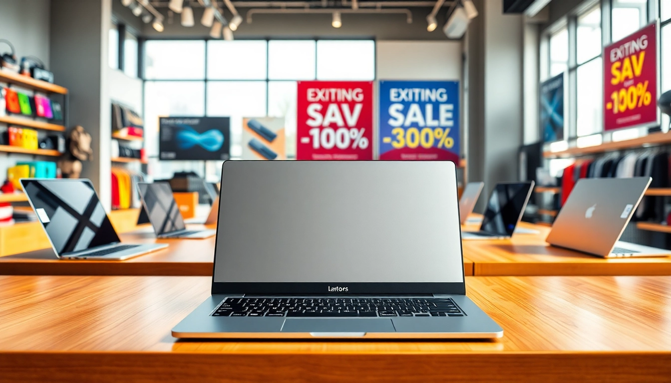 Explore Kenya laptop deals online with sleek laptops highlighted in a vibrant tech store.