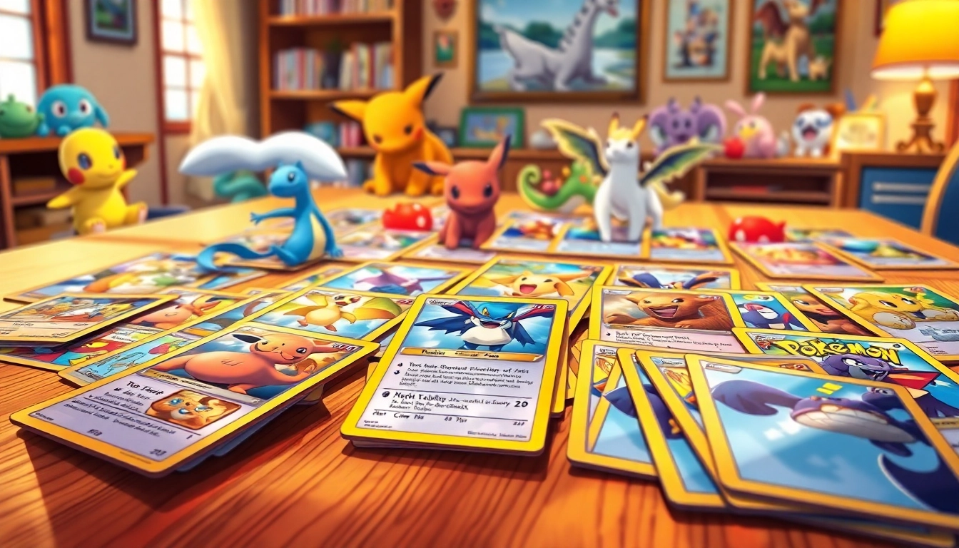 Showcase real Pokémon cards laid out on a wooden table highlighting their vibrant artwork.