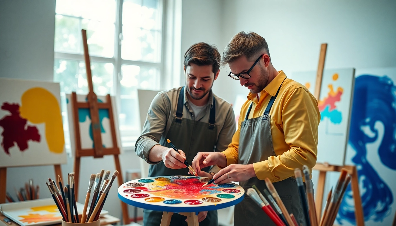 Find skilled painters near me creating vibrant art in a bright studio.