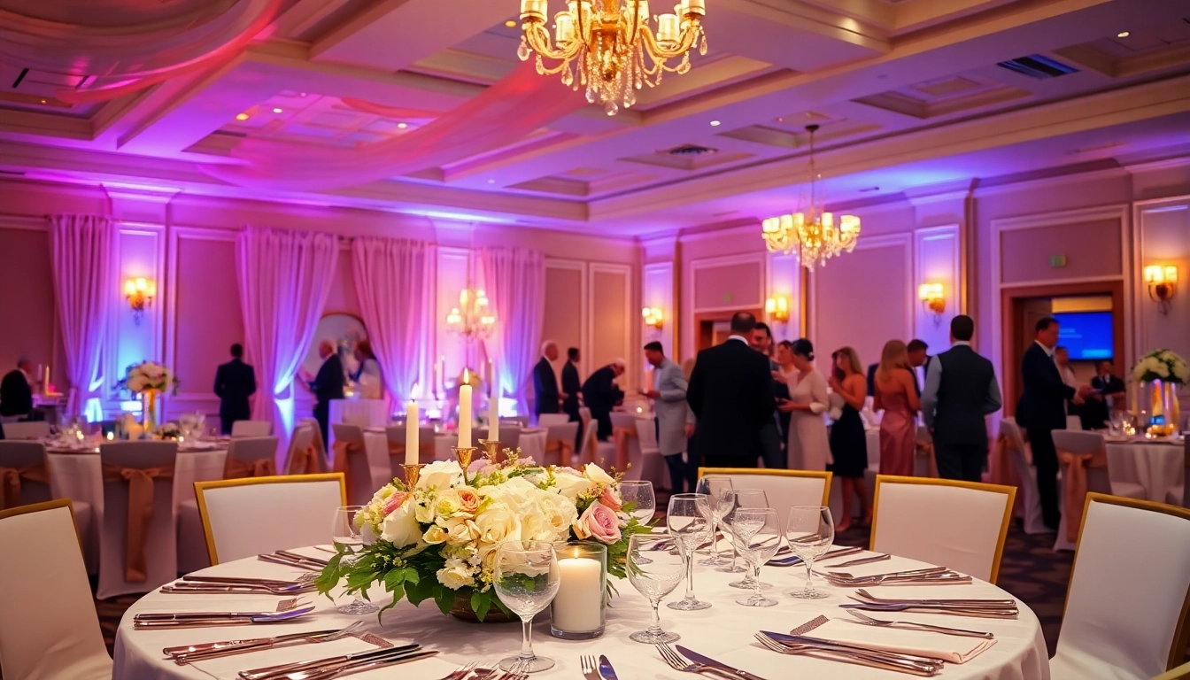 Guests enjoying an event at le prestige hall with elegant decor and warm lighting.