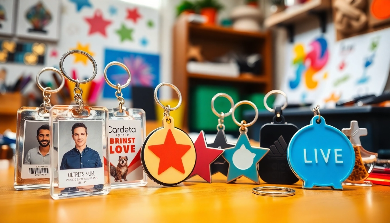 Showcasing customized keychains in various designs and materials for personal use.
