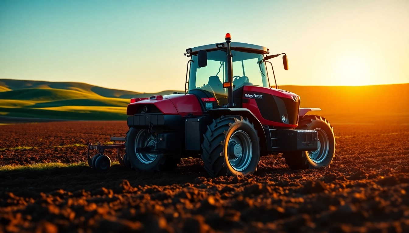 Die Massey Ferguson Traktor bearbeitet fruchtbare Felder unter goldenem Licht.